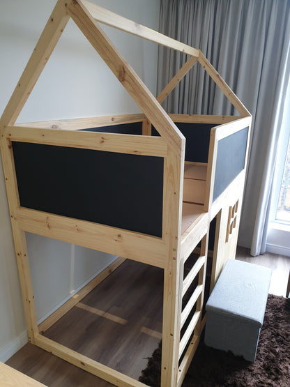 House Top Bunk Bed with Window and Chalkboard Panels -