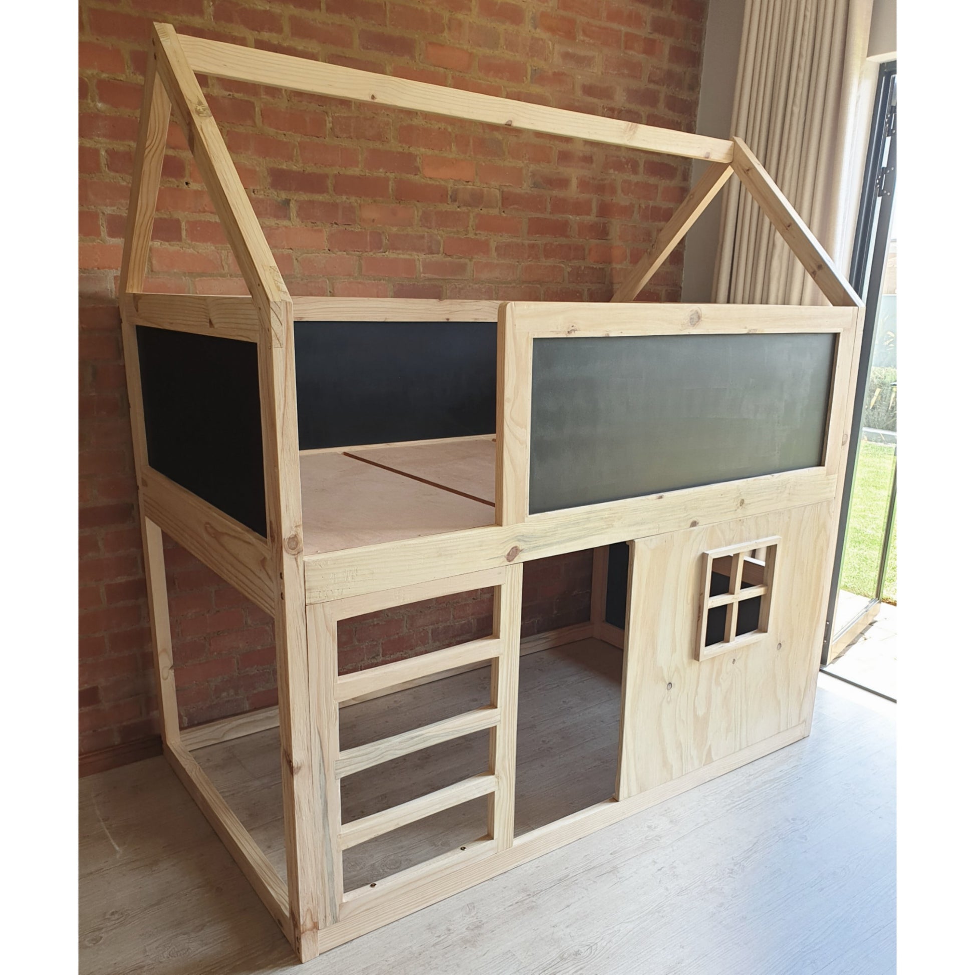 House Top Bunk Bed with Window and Chalkboard Panels -