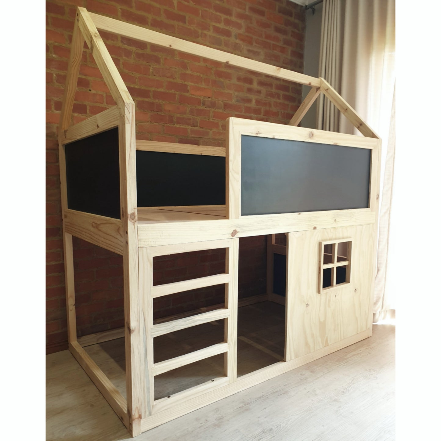 House Top Bunk Bed with Window and Chalkboard Panels -
