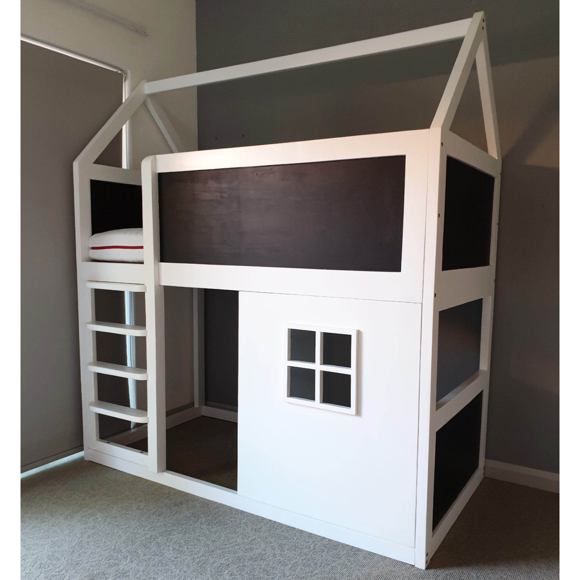 House Top Bunk Bed with Window and Chalkboard Panels -