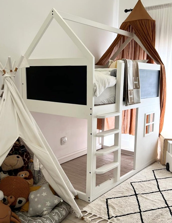 House Top Bunk Bed with Window and Chalkboard Panels -
